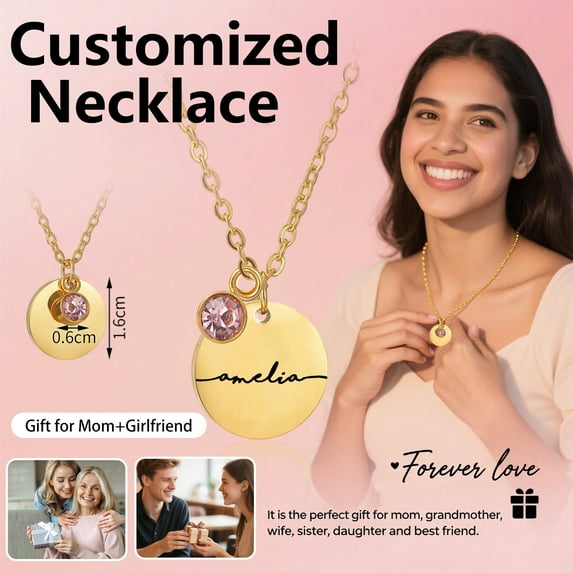 HaoXun Mirror Polished Stainless Steel Engraved Necklace with Personalized Round Pendant - Custom Birthday Color Gift for Family and Friends