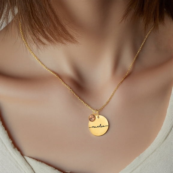 HaoXun Mirror Polished Stainless Steel Engraved Necklace with Personalized Round Pendant - Custom Birthday Color Gift for Family and Friends