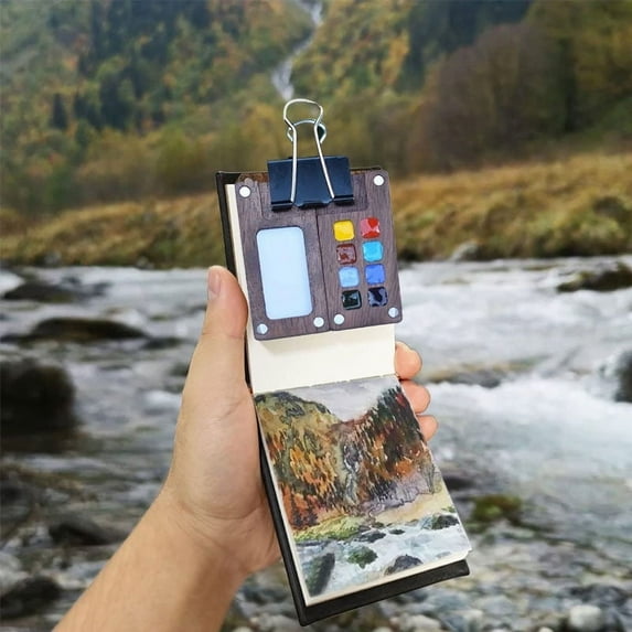 HaoXun Portable Mini Walnut Wood Watercolor Set - 8 Grids Detachable Travel Art Kit for Artists, Perfect for Outdoor Painting & Unique Gifts
