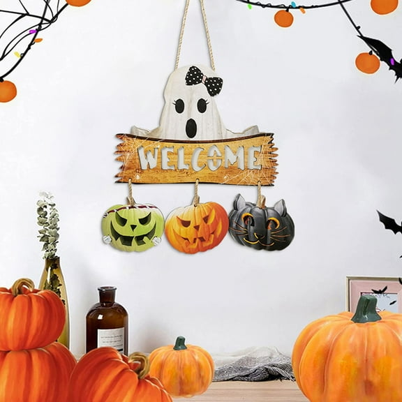 HaoXun Spooky LED Illuminated Wooden Pumpkin Halloween Door Sign - Battery Operated Wall Hanging Decor for Party, Front Porch & Indoor Wall Decoration
