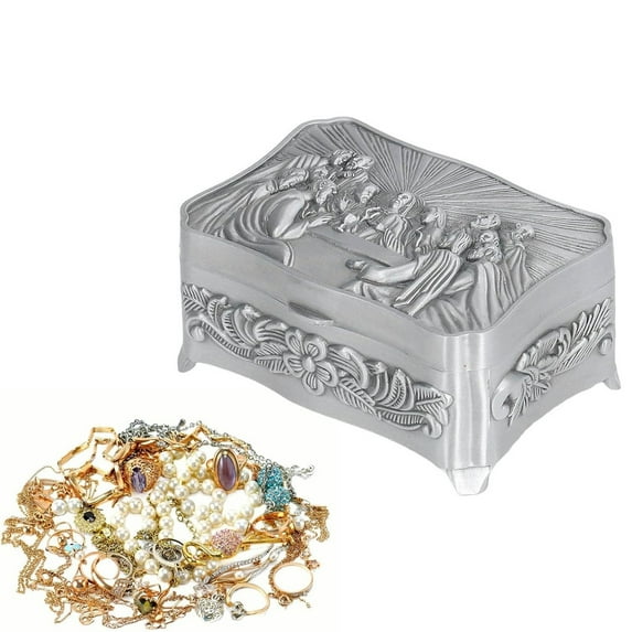 HaoXun Vintage Metal Jewelry Box with Last Supper Engraving - Catholic Rosary Case for Necklace Storage | Durable Alloy Eucharistic Box with Soft Lining | Religious Gift for Collectors