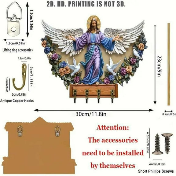 HaoXun Wooden Key Holder with Communion Symbols - Religious Wall Decor with 4 Metal Hooks, 11.8 x 9 Inch Multifunctional Home Entryway Decor for Porch, Room, Villa