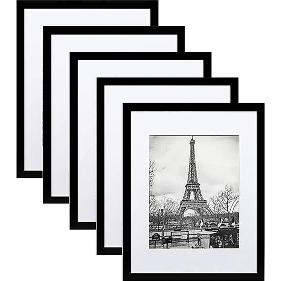 Haobase 11x14 Picture Frame Set of 5, Display Pictures 8x10 with Mat or 11x14 Without Mat, Wall Gallery Photo Frames, Black
