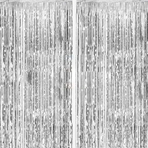 Haobase 2Pcs Siver Tinsel Fringe Curtain Backdrop Birthday Wedding Bachelorette Party Decoration(1 x 2m)