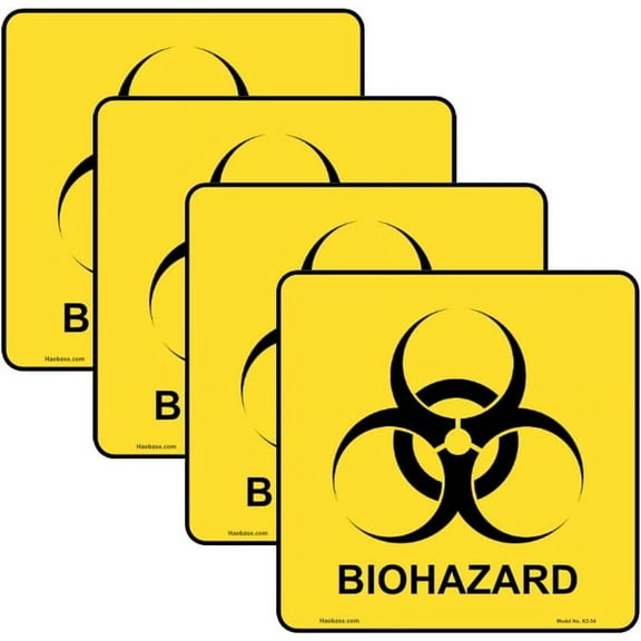 Haobase 4 Pcs Biohazard Stickers Sign Small Self Adhesive Vinyl for Hospital and Industrial Use 10 cm x 10 cm (Yellow)