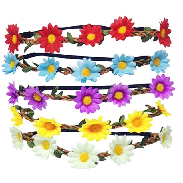 Haobase 5pcs Daisy Flower Headband Hair Band with Adjustable Elastic