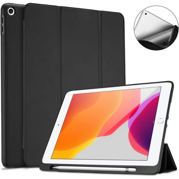 Haobase New iPad 7th Generation Case 10.2" 2019 with Pencil Holder, Flexible Soft TPU Back Cover Ultra Slim Lightweight Stand Protective Case for 2019 Apple iPad 10.2 inch 7th Gen -Black