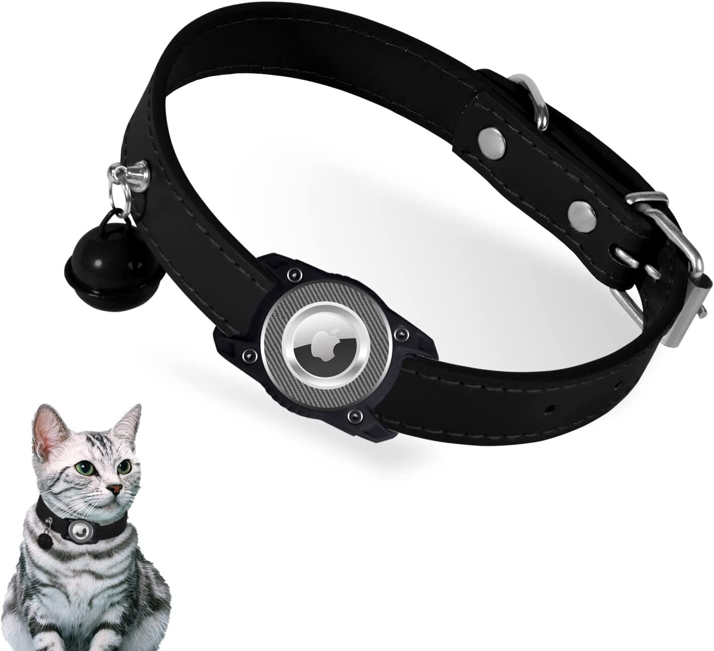 Haobuy Airtag Cat Collar with Bell and Silicone Air Tag Holder Leather