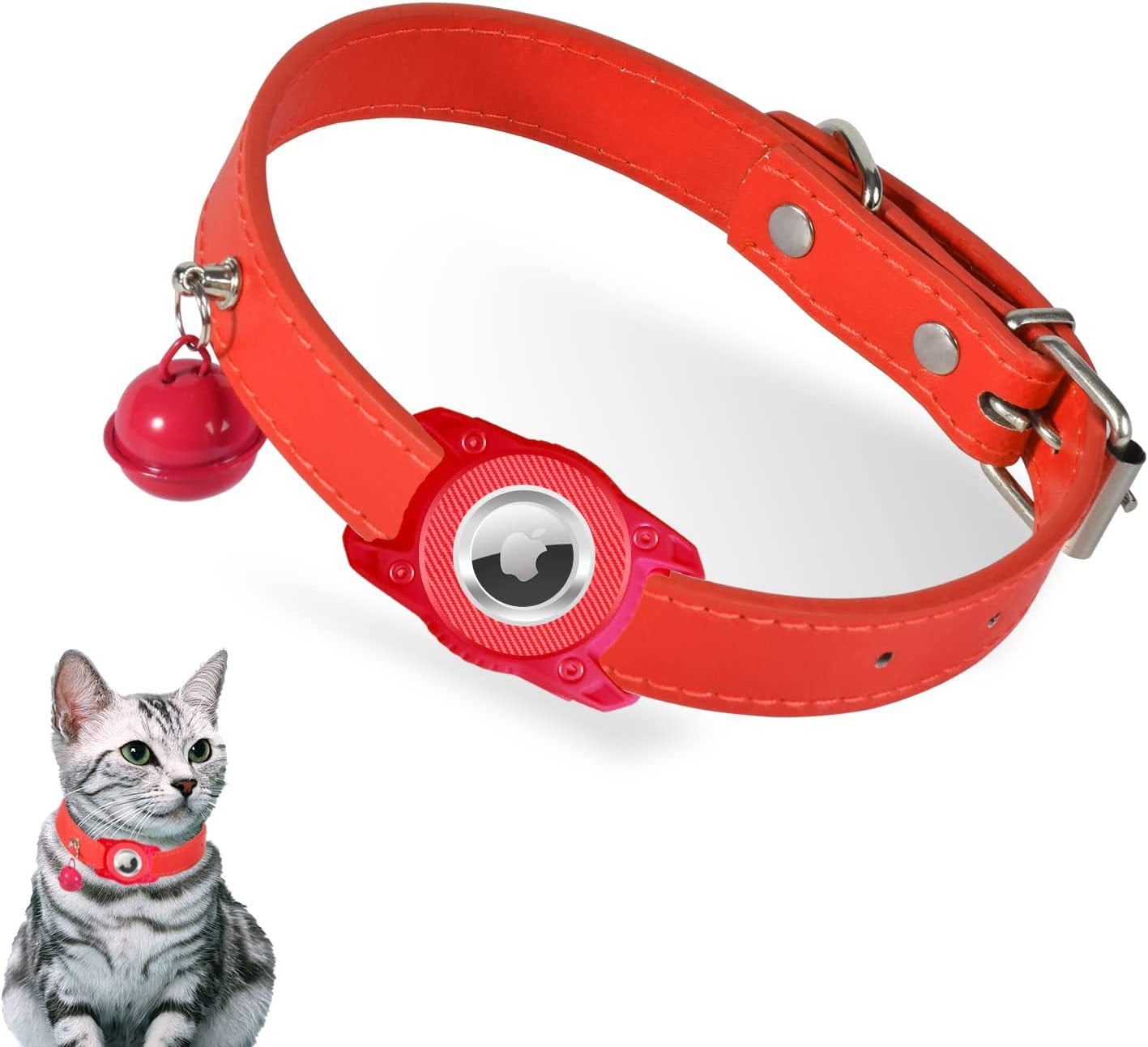Haobuy Airtag Cat Collar with Bell and Silicone Air Tag Holder Leather
