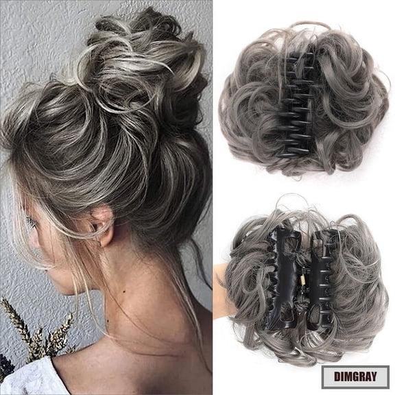 Haobuy Claw Clip Messy Bun Hairpiece, Wavy Curly Messy Hair Bun Extensions Claw Clip for Women Girls-Dark Gray