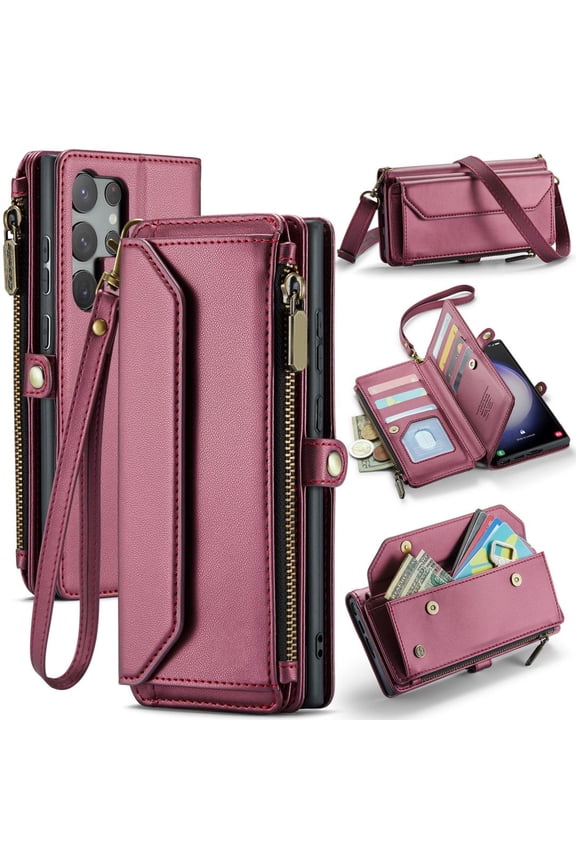 Leather Flip Wallet Case with Strap for Samsung Galaxy S24 Ultra/S24 Plus/S24, Red