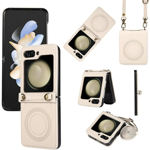 Haobuy for Samsung Galaxy Z Flip 6 Magnetic Wallet Case Compatible with Magsafe with Shoulder Strap Leather Crossbody Cover