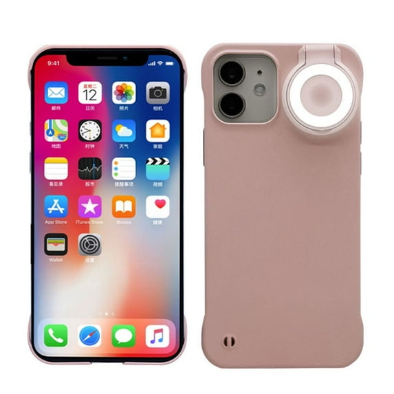 Haobuy for iPhone 15 Selfie Ring Light Flip Case Anti-Scratch Full-Body Slim Case with 3 Light Modes-Pink