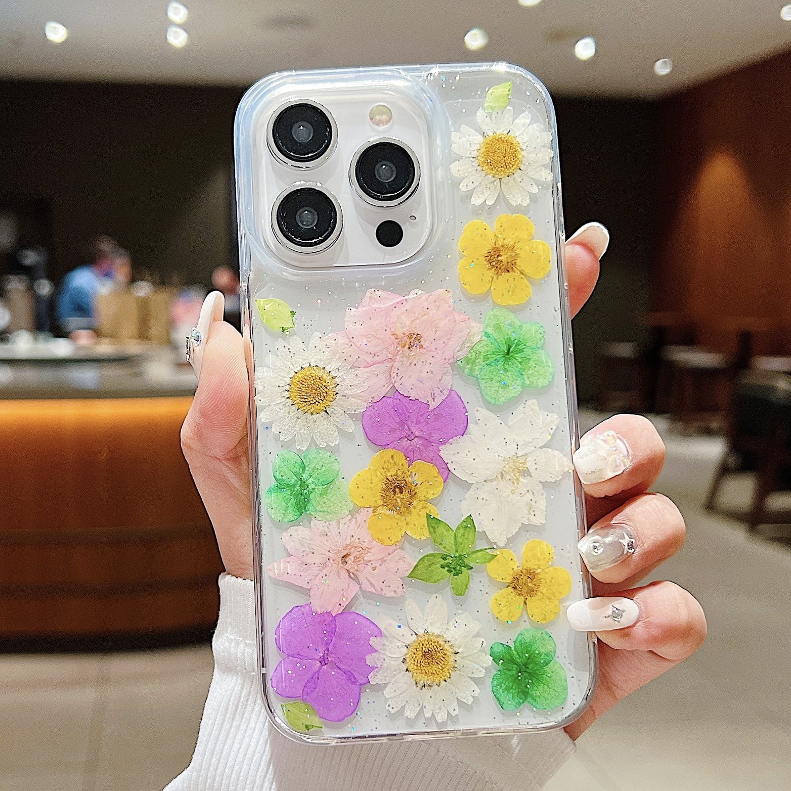 Haobuy for iPhone 16 Pro Max Clear Flower Case Bling Glitter