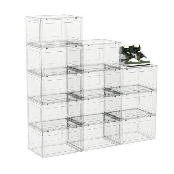 Haodehen 12 Packs Large Plastic Clear Shoe Boxes with Magnetic Door, Acrylic Display Case, Stackable Shoe Storage Organizer Container for Boot Sneaker