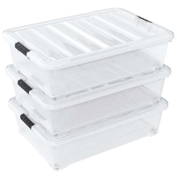 Haodehen 3 Packs 50 Liter Under Bed Storage Container with Wheels, Plastic Clear Under the Bed Organizer Bins with Lids