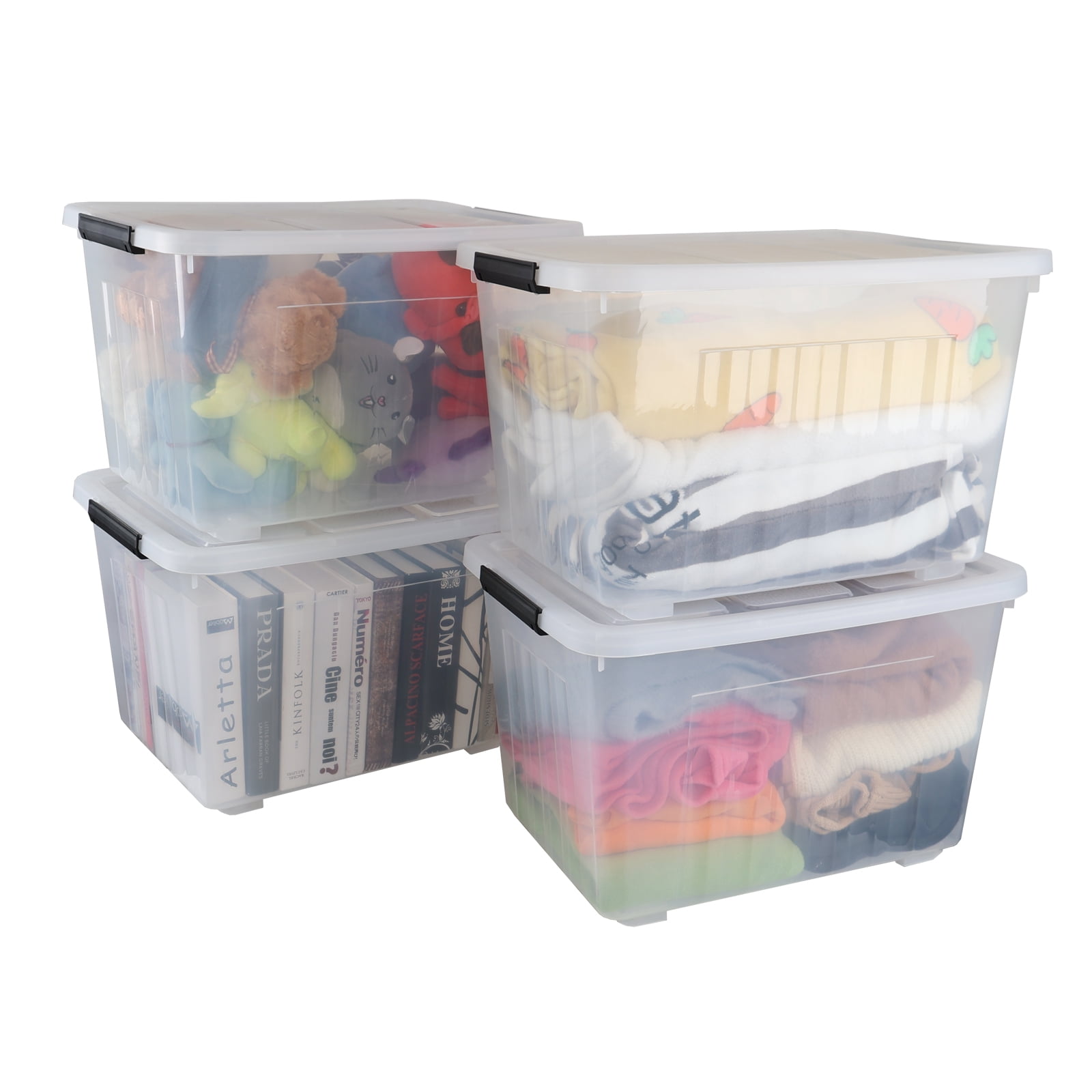Haodehen 70 Quart Clear Plastic Large Storage Box with Wheels, 4-Pack ...