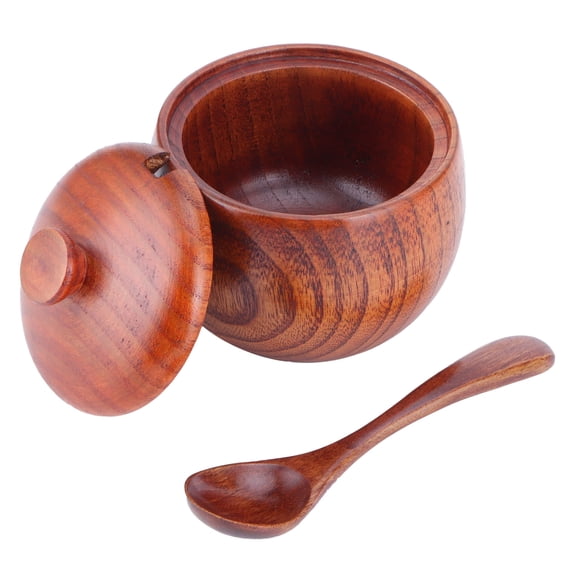 Haofy Wooden Salt Box With Lid Spoon Vintage Spice Jar Seasoning Container Cooking Ut.