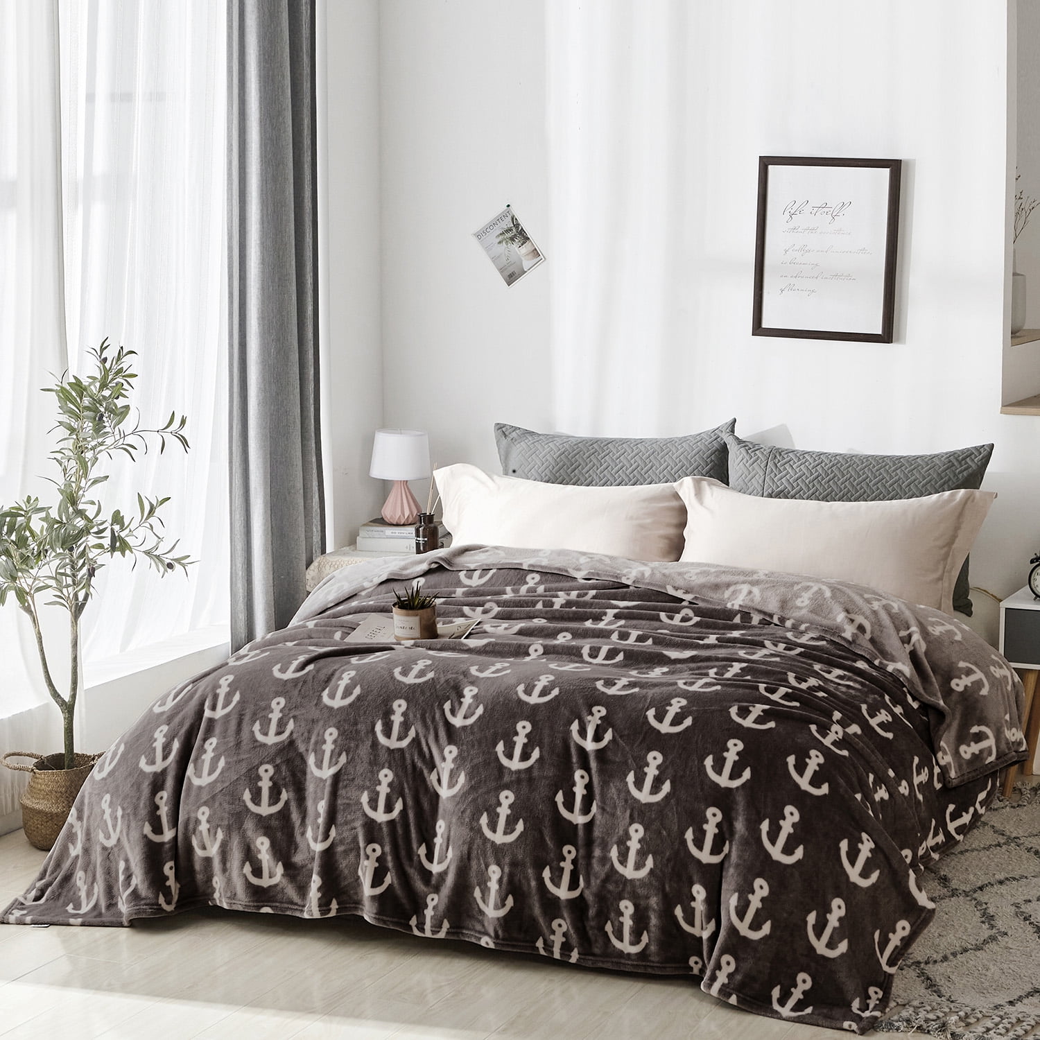 Flannel Fleece Blanket for King Bed,Soft Coffee Anchor Pattern Warm Cozy Blanket,90" x102"
