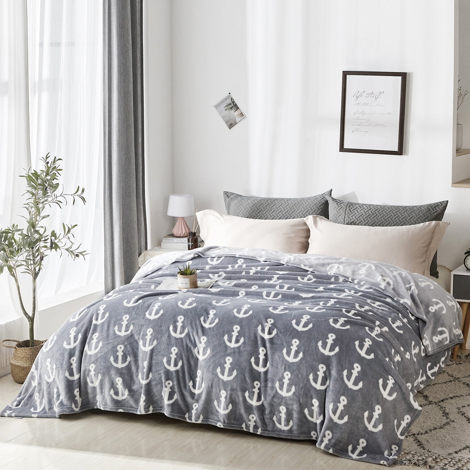 Flannel Fleece Blanket for Queen Bed,Soft Grey Anchor Pattern Warm Cozy Blanket,90" x90"