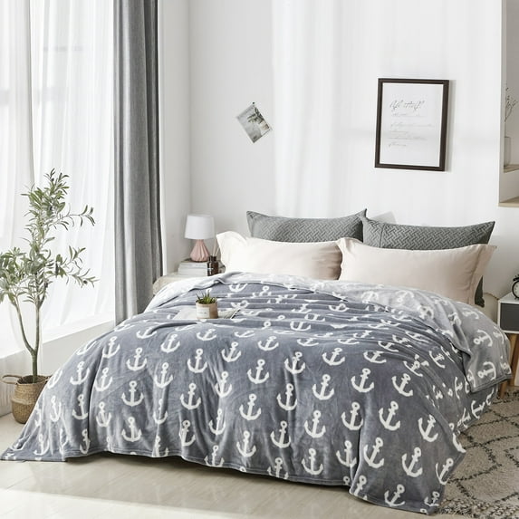 Flannel Fleece Blanket for Queen Bed,Soft Grey Anchor Pattern Warm Cozy Blanket,90" x90"