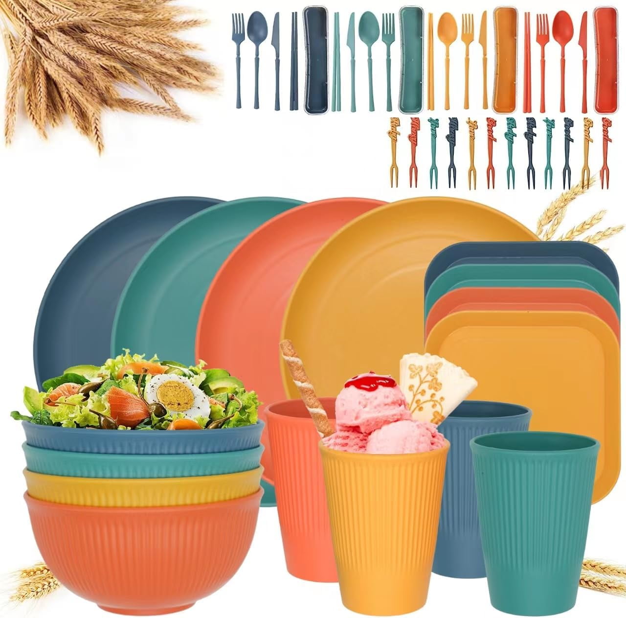 Haokaini 48 PCS Wheat Straw Dinnerware Set, Durable Tableware for ...
