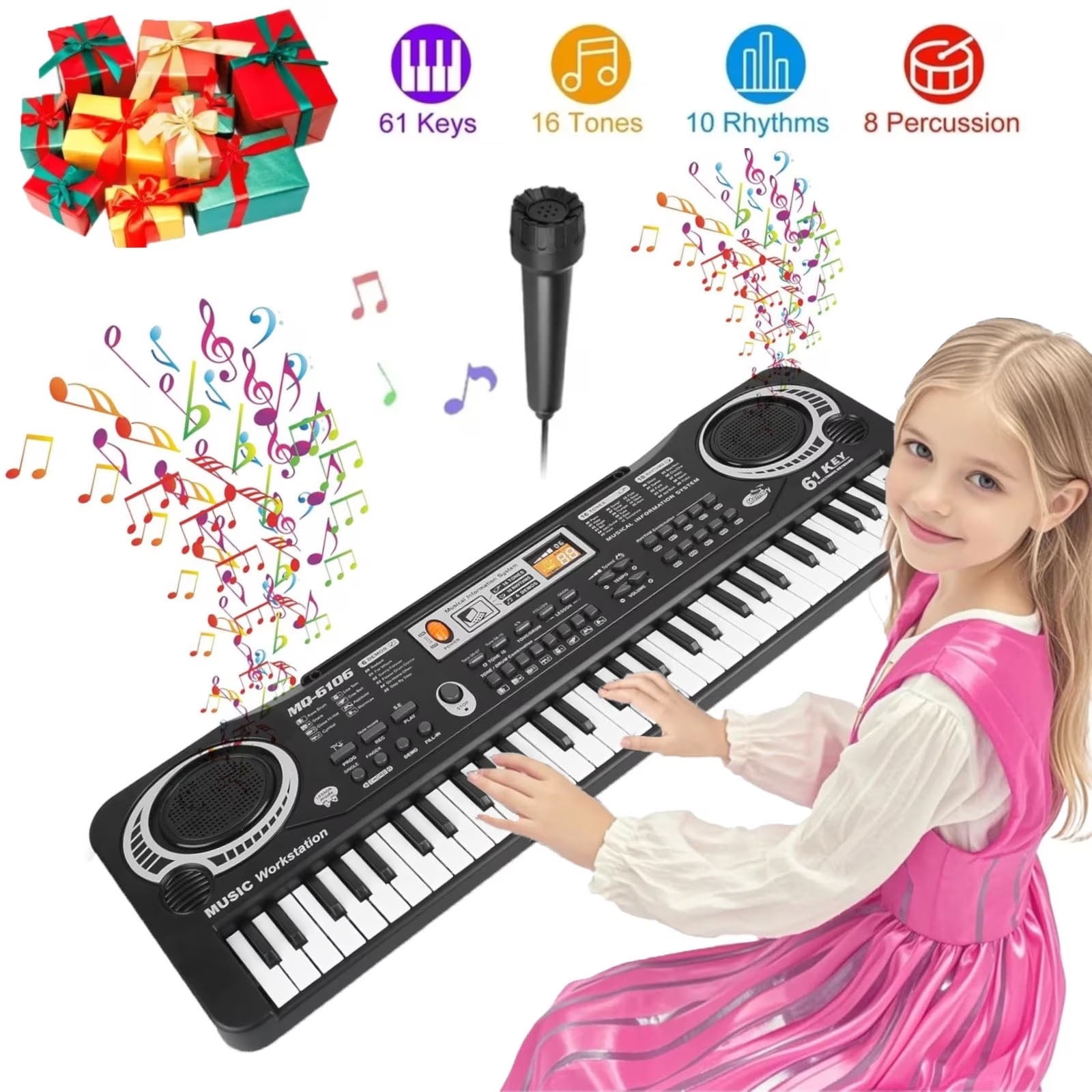 Electronic Piano Keyboard for Kids, 61 Keys Beginner Electric Piano with Microphone, Digital Music Piano, Portable Electronic Keyboard Piano, Musical Instrument Piano Toys for Girls Boys Gift