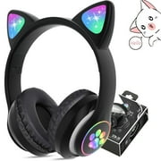 Haokaini Cat Ear Headphones, Bluetooth Wireless Headphones, Foldable Over-Ear Headphones with Microphone & LED Light Up, Cute Cat Ear Headphones, Black