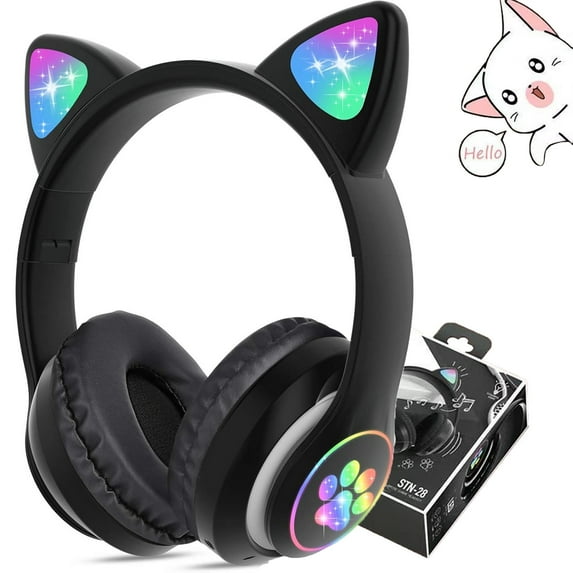 Haokaini Cat Ear Headphones, Bluetooth Wireless Headphones, Foldable Over-Ear Headphones with Microphone & LED Light Up, Cute Cat Ear Headphones, Black