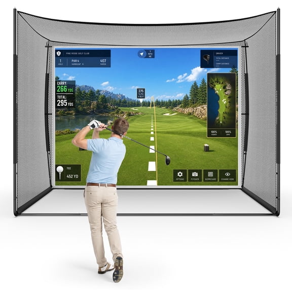 Haokelball 10x8FT Golf Practice Net, Golf Hitting Net & Simulator Cage with Impact Screen, Ball Return & Side Barriers, Projection-Ready for Indoor Garage & Backyard