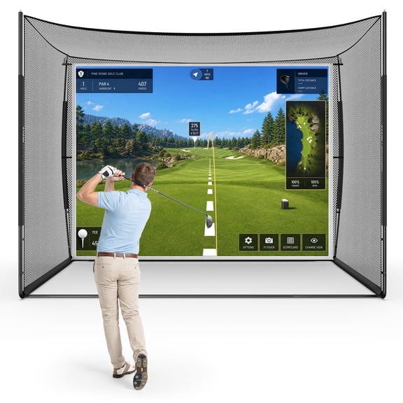 Haokelball Golf Simulator Enclosure with Impact Screen, 10x8FT Golf Hitting Net Cage,high-definition projection screen, Heavy Duty Frame, Black Golf Practice Cage for Home Garage Backyard