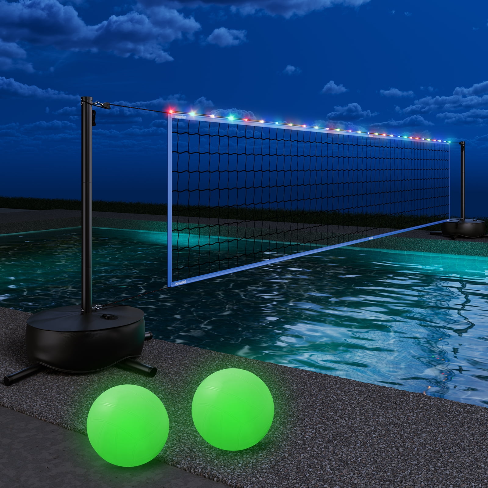 Haokelball Volleyball Net with Light and Weighted Base 15ft-32ft Length Adjustable Portable Pool Volleyball Net Set