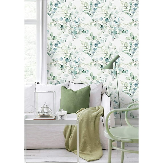 Haokhome Peel and Stick Wallpaper Green/White Leaf Floral Wall Mural 17.7in x 9.8ft