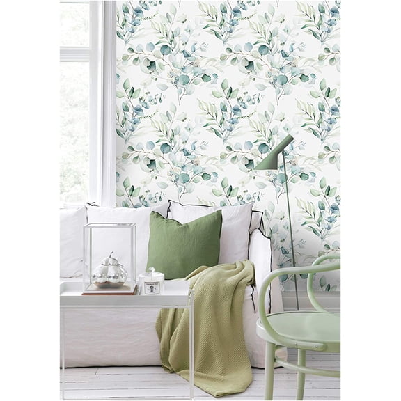 Haokhome Peel and Stick Wallpaper Green/White Leaf Floral Wall Mural 17.7in x 9.8ft