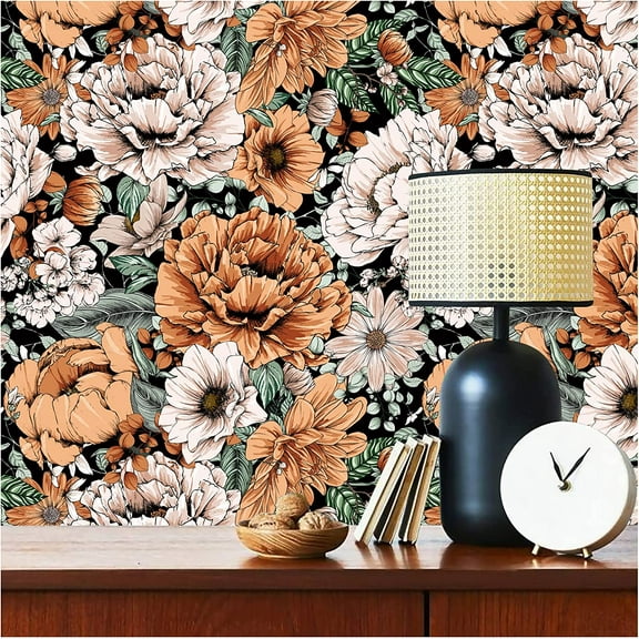 Haokhome Vintage Peel and Stick Floral Wallpaper Removable Large Peony Black/Orange/Pink Vinyl Self Adhesive Mural 17.7in x 9.8ft