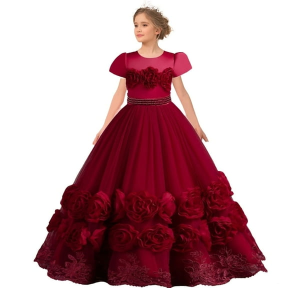 Haolong 3-12 Years Girls Big Flower Dress Elegant Long Party Gown Wedding Dresses