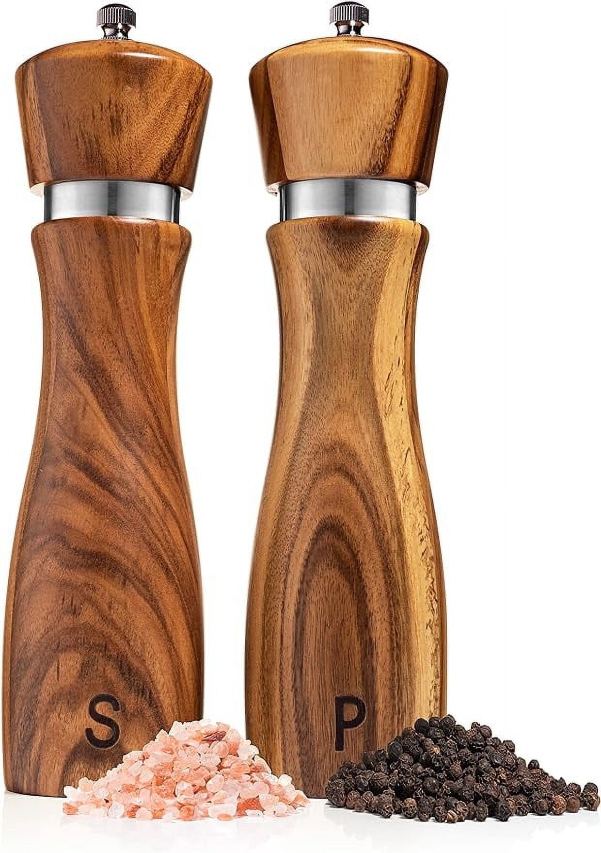 Haomacro Kitchen Wooden Salt and Pepper Grinder Set: Refillable Salt & Pepper Mills Adjust for Customized Coarseness, Crafted of Solid Acacia Wood with Ceramic/Stainless Steel Core, 8 Inches 2 Pack