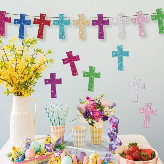 Haooryx 100Pcs Sparkle Easter Paper Cutout Colorful Glitter Cross Shape Decoration for Party