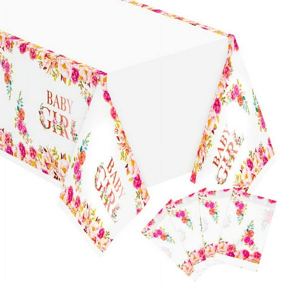 Haooryx 4 Pack Rose Gold Floral Table Cover for Girls, Plastic Disposable Table Cloth Pink Tablecloth Rectangular Tablecover for Baby Girls Birthday Party Supplies Baby Shower Decor, 42.5 x 70.9 inch