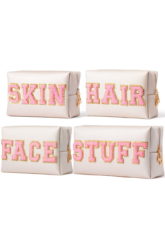 4Pcs Makeup Bags Letter Patch Bag with Zipper, Large Storage Bag Travel Essential Supply for Women & Girls, Shell Gold