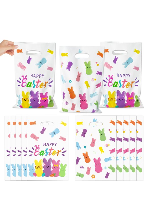 50Pcs Easter Candy Rabbit Party Gift Bag,White Plastic Rectangle Cookie Bag for Party Return Gifts