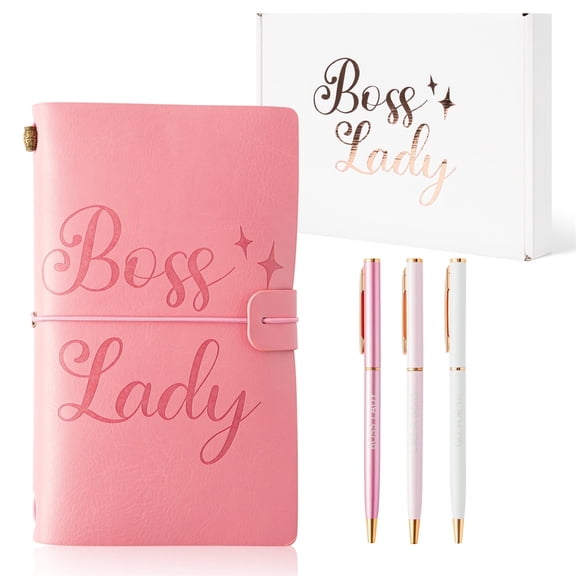 Haooryx 5Pcs Boss Lady Notebook Set,Pink Leather Notebook Pens Box Kit for Birthday New Year