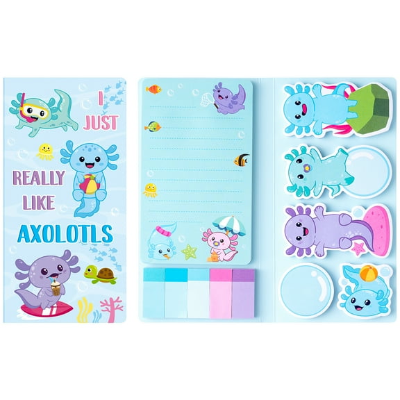 Haooryx Axolotl Sticky Note Pad for Students & Teachers Supplies, 11 Styles Sticky Notes with Adorable Salamanders Sign for Party favors Gift, Light Blue