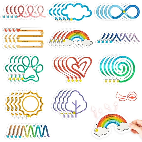 Haooryx Calming Breathing Stickers Set Sun Rainbow Cloud Tree Fidget Stickers for Phone and Laptop Decorations, 48Pcs