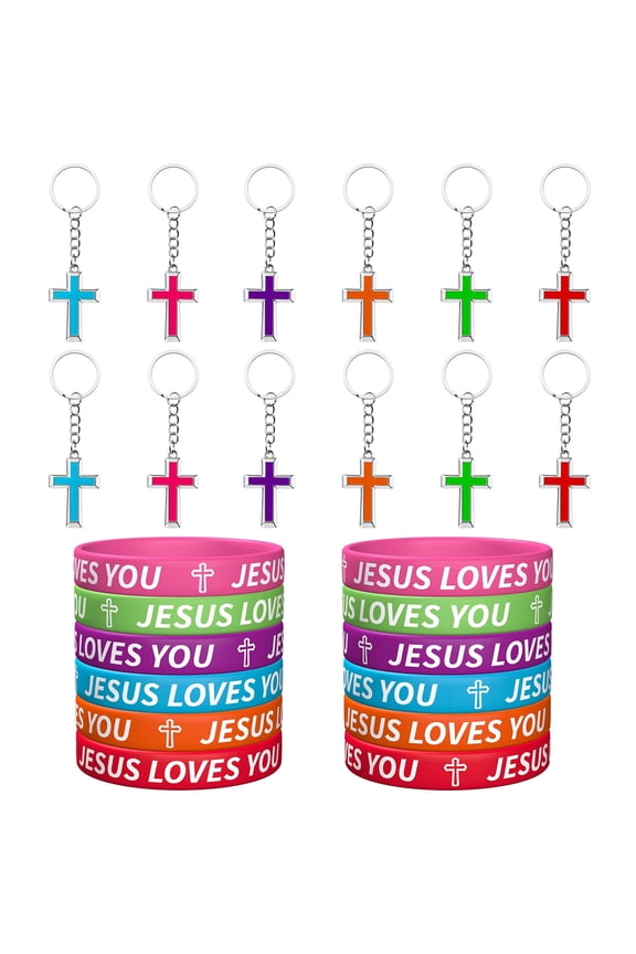 Easter Cross Plastic Key Chain 12Pcs with Colorful Religious Bracelets Belief Wristband