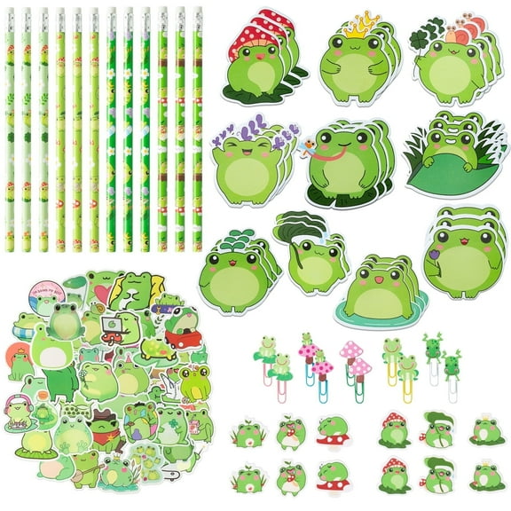 Haooryx Frog Stationery Set for Party Favors,with Pencils, Erasers Sticky Notes, Paper Clip Bookmarks,and Stickers, 114 Pieces