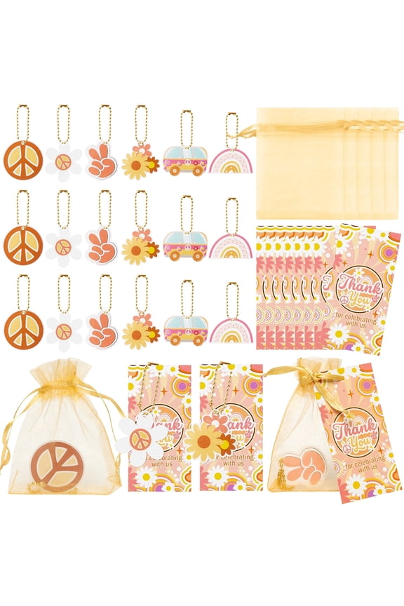 Groovy Hippie Party Favors, Keychain Thank You Card & Organza Bags Set for Wedding Birthday