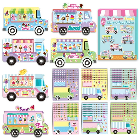 Haooryx Ice Cream Truck Face Sticker Set DIY Crafts for Kids, 6 Styles Make Your Ice Cream Van Stickers Birthday Party Gift for Boys and Girls, 36Pcs