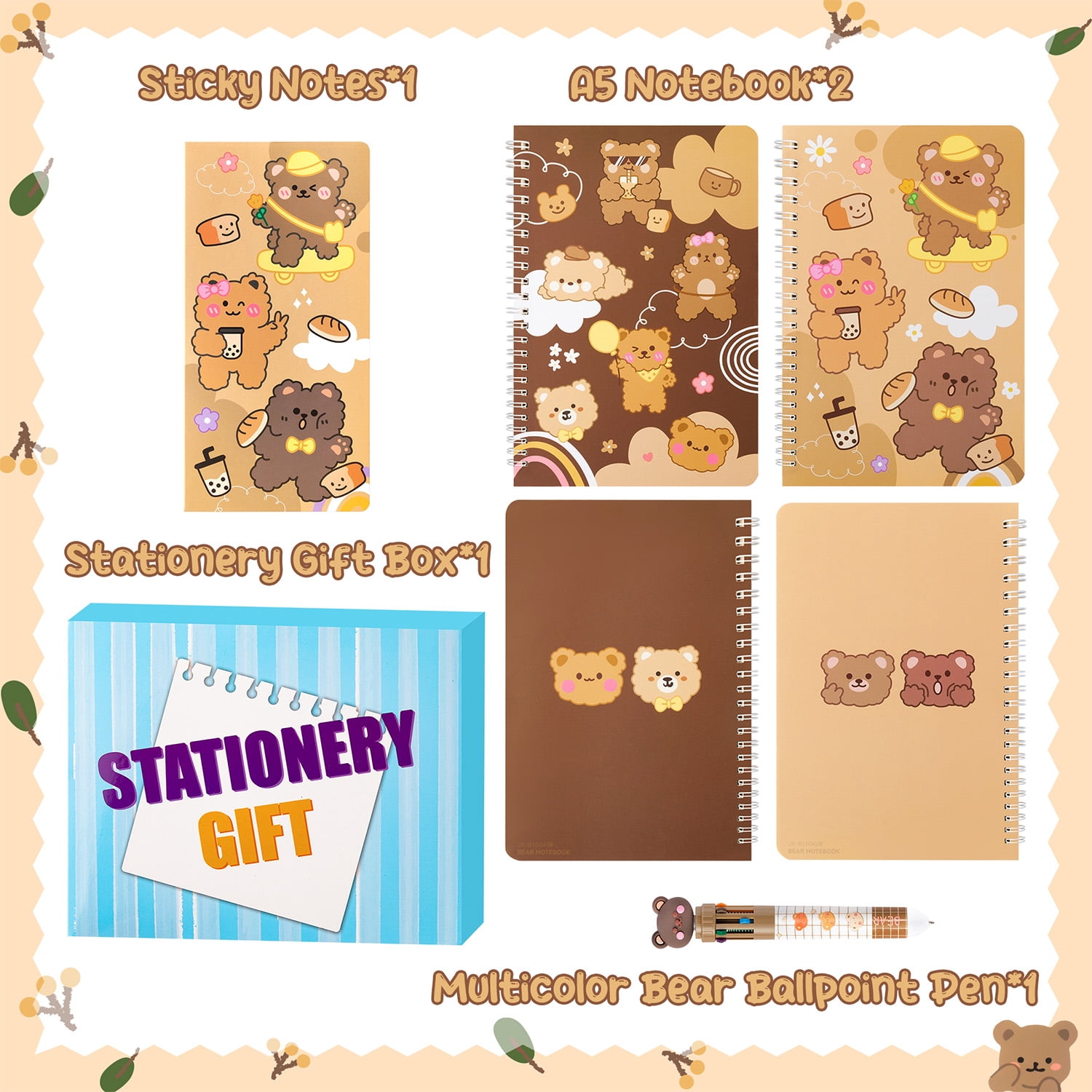 3Pcs Cute Bear A5 Spiral Notebook Set, Sticky Notes Pen Stationery Kit for Birthday Gift
