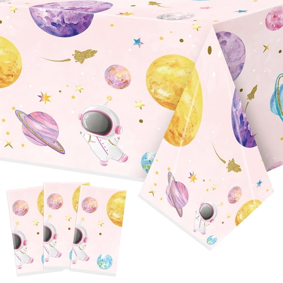 Haooryx Pink Space Print Disposable Tablecloth, Rectangular, 3 Count, 54 x 108 in